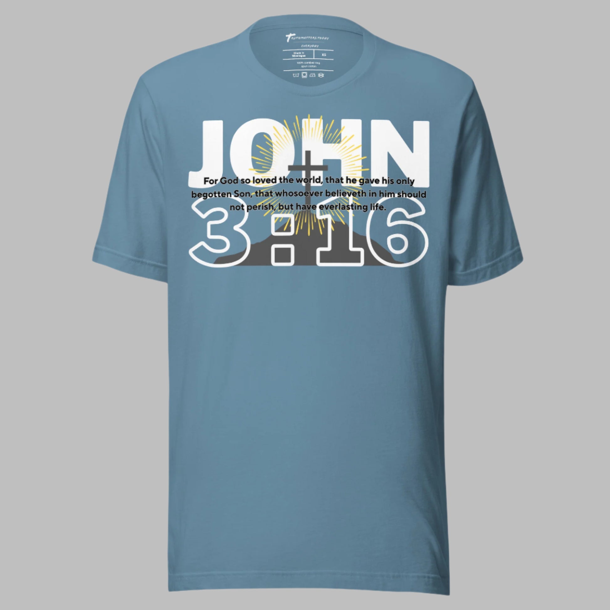 Truth Matters’ John 3:16 T-Shirt front with bold verse and radiating cross on soft cotton in blue.