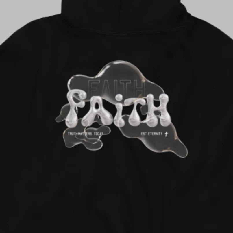 Back of Truth Matters’ Faith Cropped Hoodie with ‘Faith’ text in stylish, raw-hem cotton-fleece.