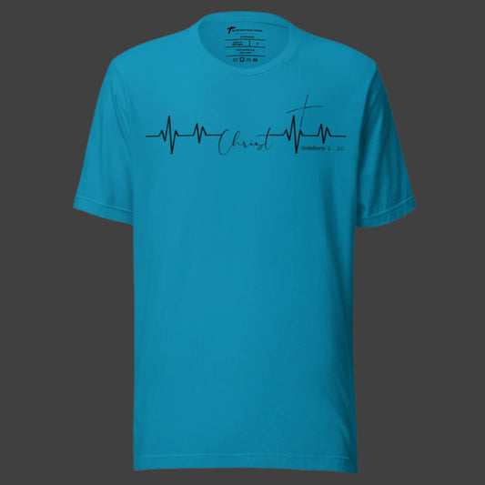 Truth Matters’ Galatians 2:20 T-Shirt front with Christ Heartbeat on soft cotton in aqua.