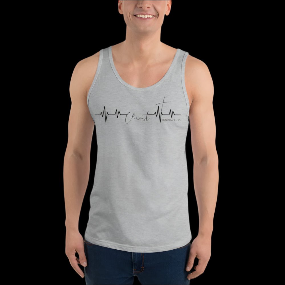 Truth Matters’ Galatians 2:20 Tank front with Christ Heartbeat design in heather grey on soft cotton.