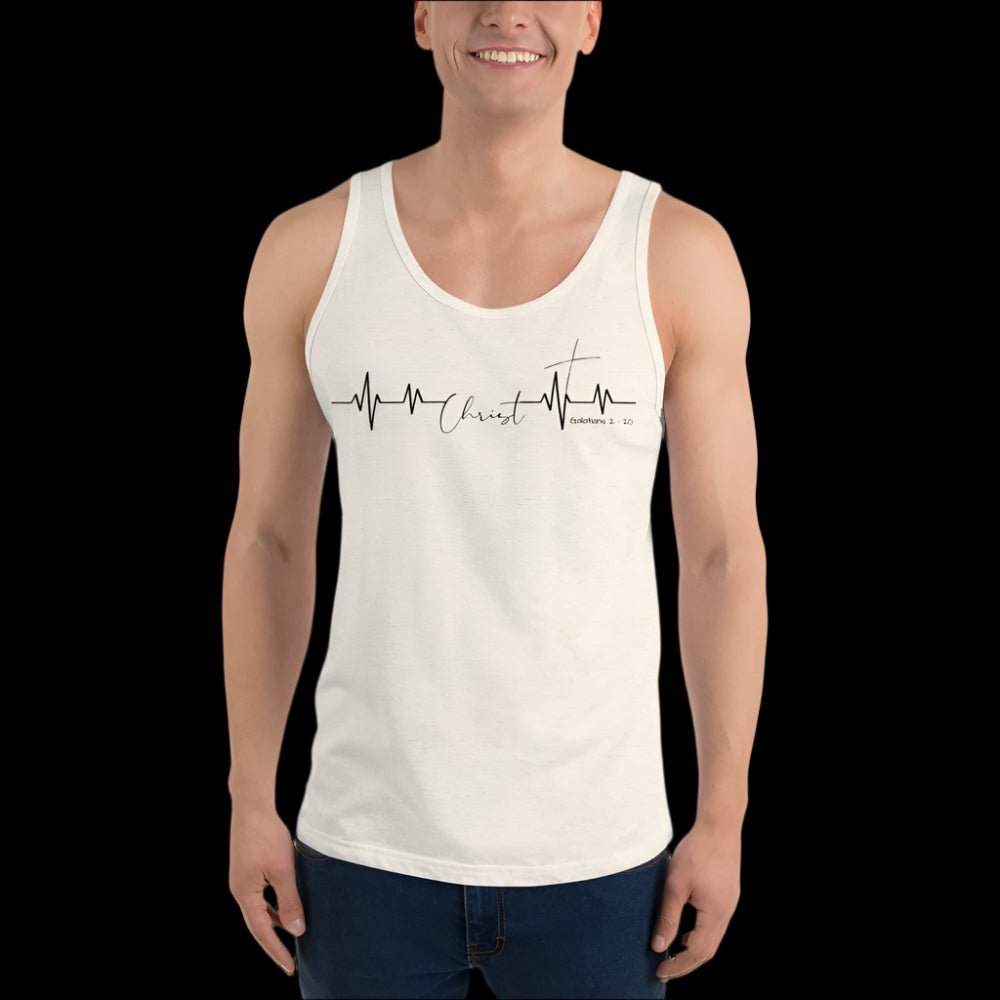 Truth Matters’ Galatians 2:20 Tank front with Christ Heartbeat design in oatmeal on soft cotton.