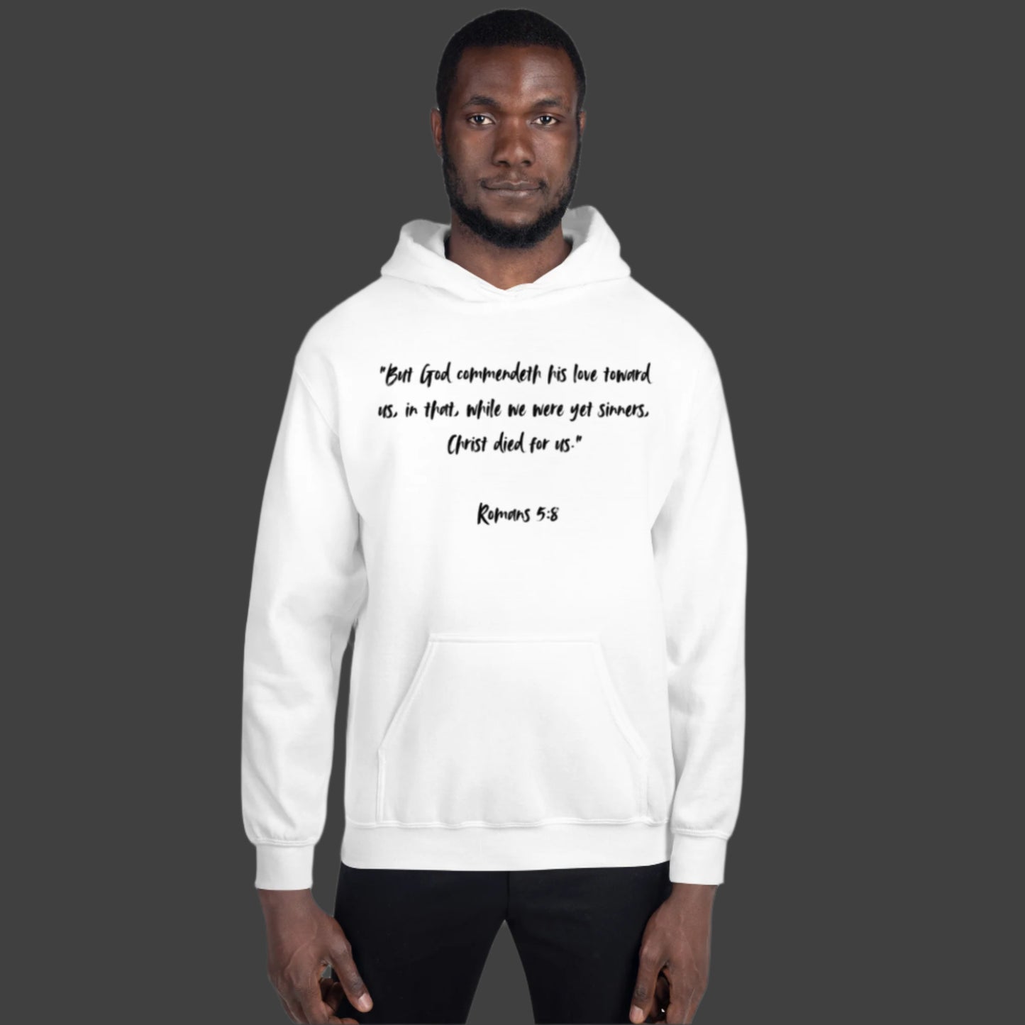 Truth Matters’ Romans 5:8 Hoodie scripture on front with ‘He Did It All’ with cross on back cozy cotton-poly in white.