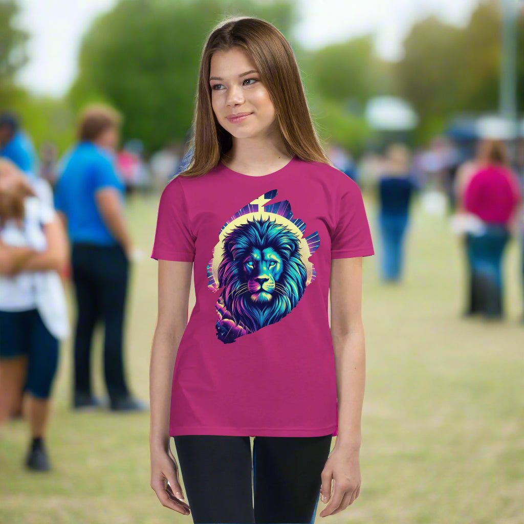 Truth Matters’ I Am a Child of God Youth T-Shirt with colorful lion on front and faith list on back in berry pink.