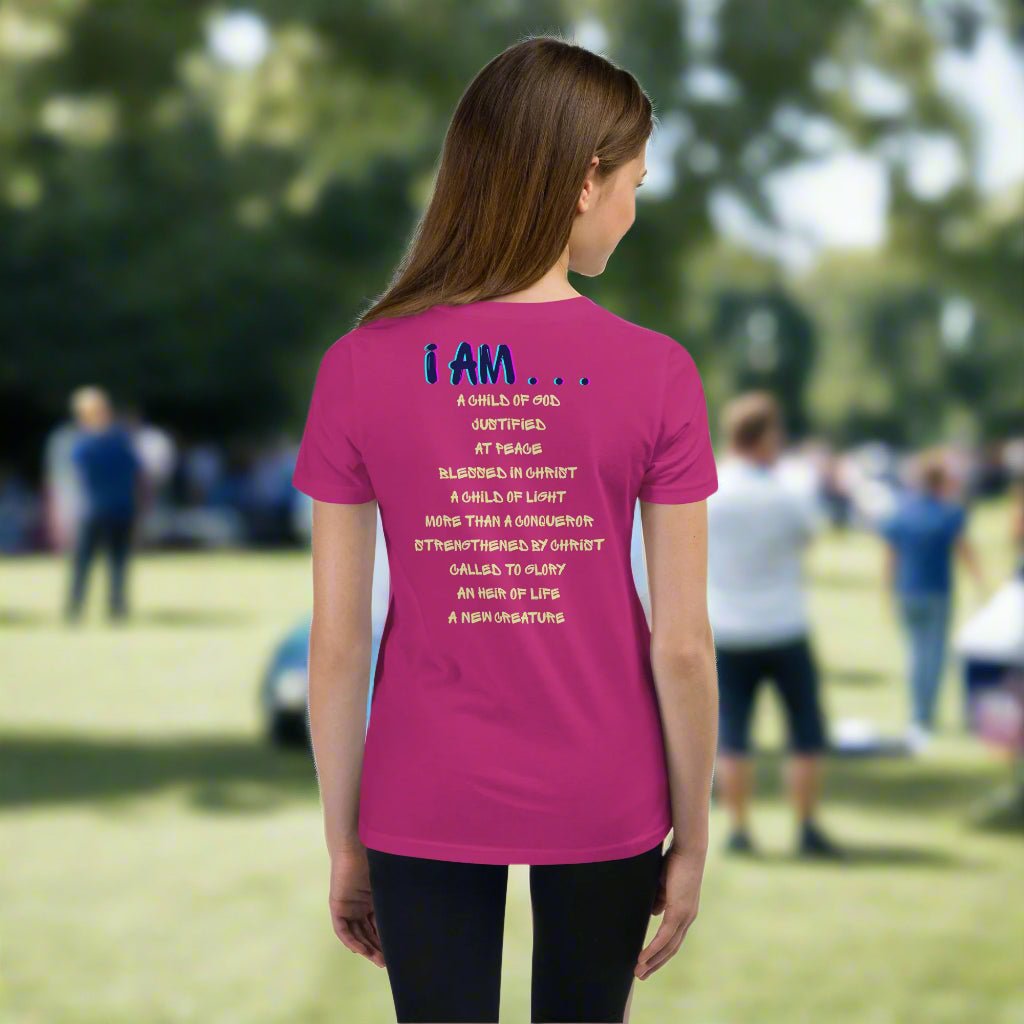 Truth Matters’ I Am a Child of God Youth T-Shirt with colorful lion and faith list on back in Berry pink.