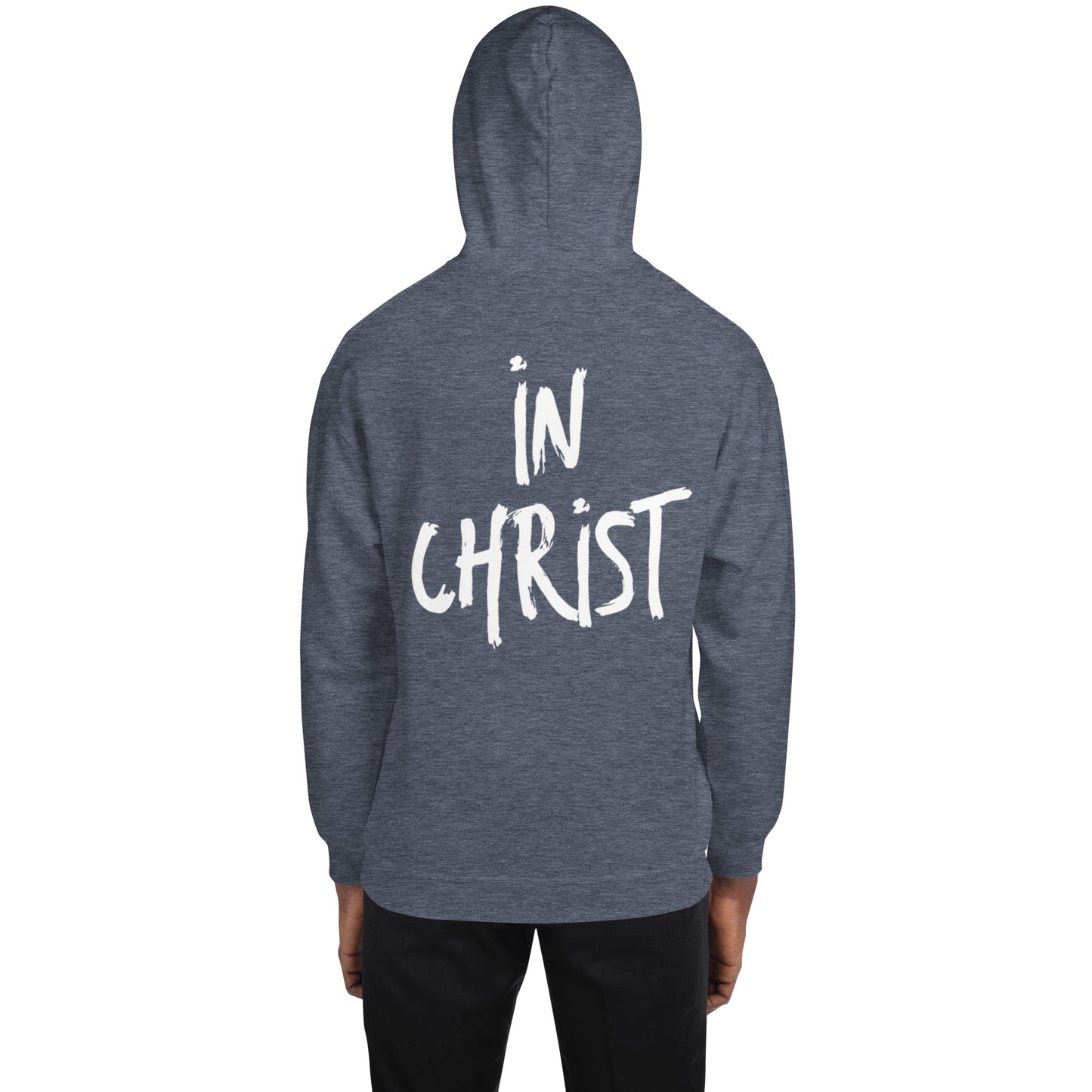 Truth Matters’ In Christ Hoodie front with logo, back with bold ‘In Christ’ on cozy cotton-poly in heather sport dark navy.
