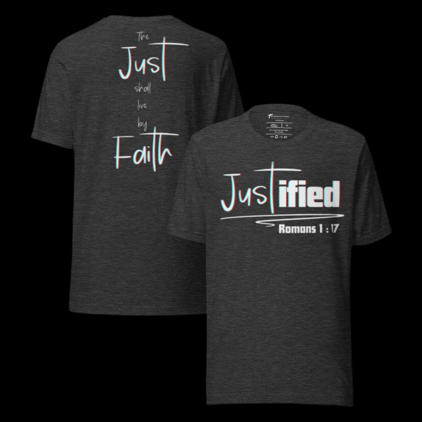 Truth Matters’ Romans 1:17 T-Shirt front with ‘Justified’, back with ‘Just shall live by Faith’ soft cotton heather grey.