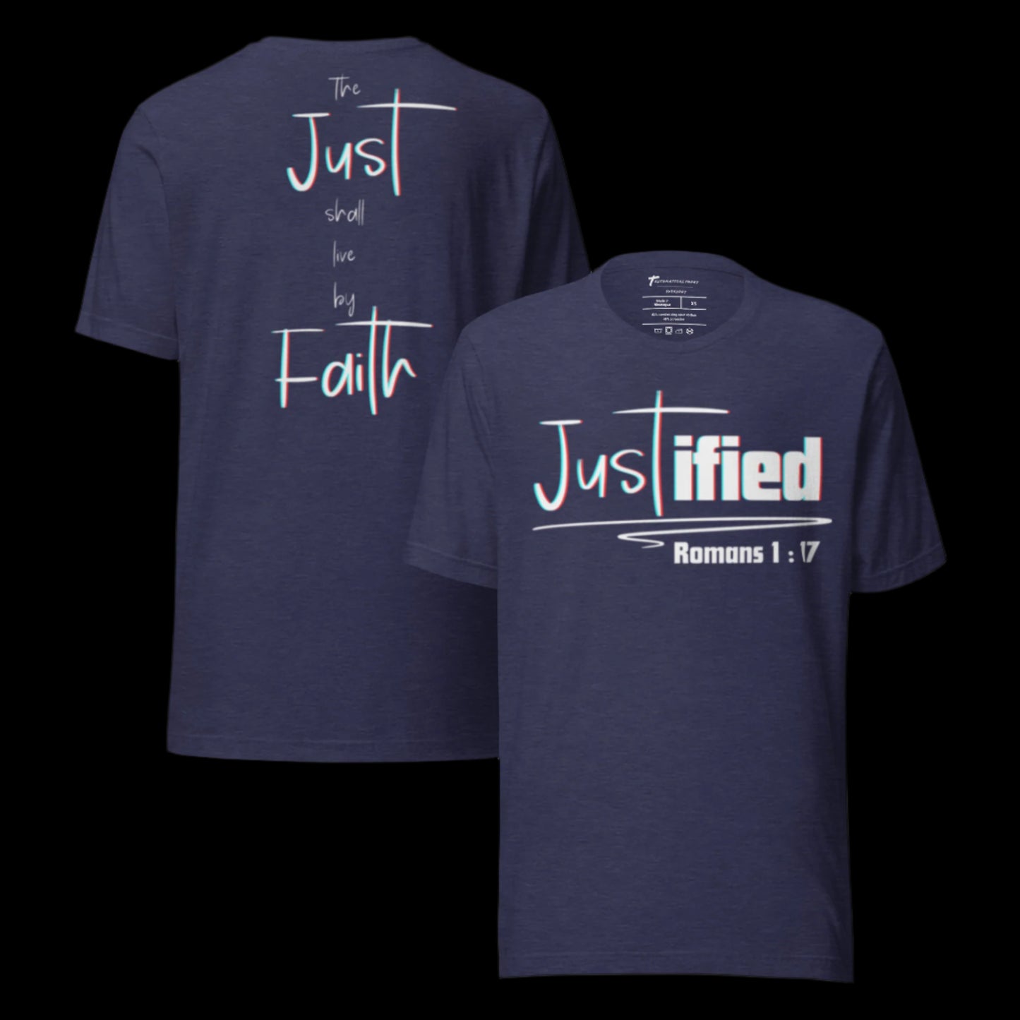 Truth Matters’ Romans 1:17 T-Shirt front word ‘Justified’, back ‘Just shall live by Faith’ on soft cotton in heather navy.