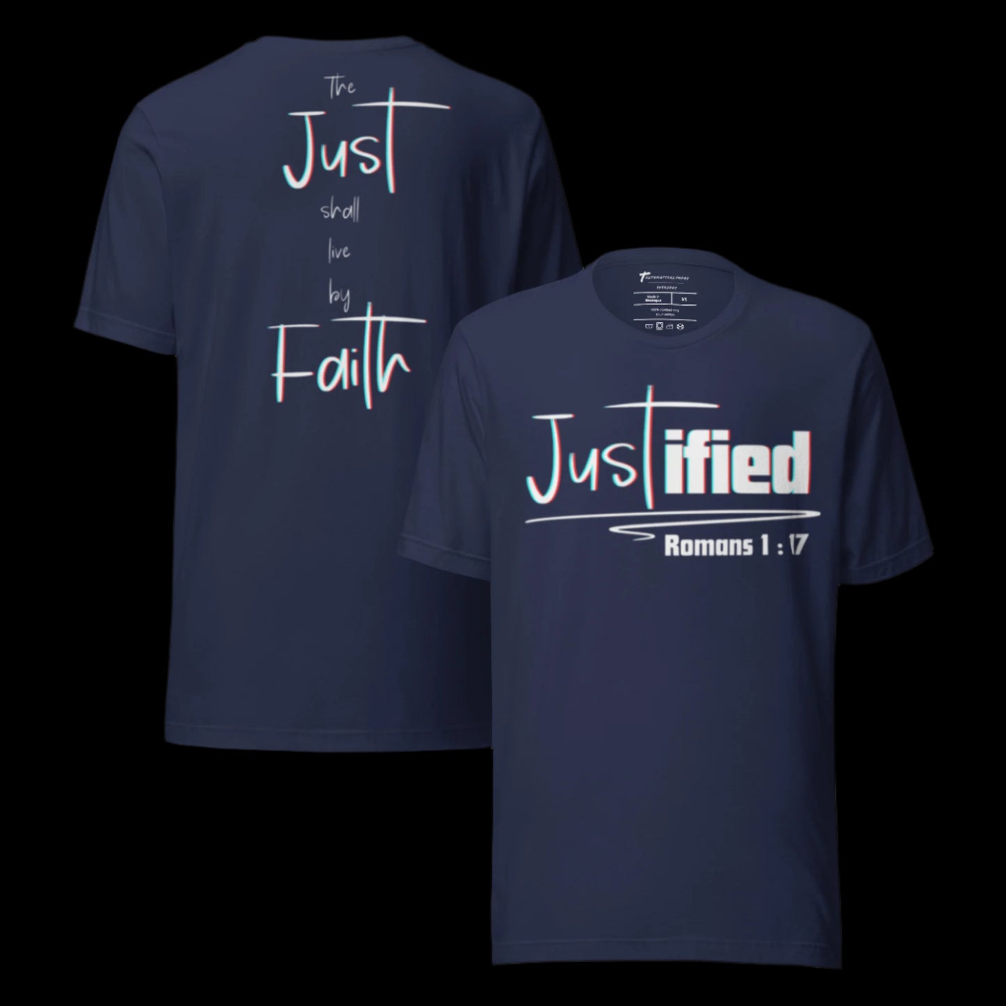 Truth Matters’ Romans 1:17 T-Shirt front with ‘Justified’, back with ‘Just shall live by Faith’ on soft cotton in navy.