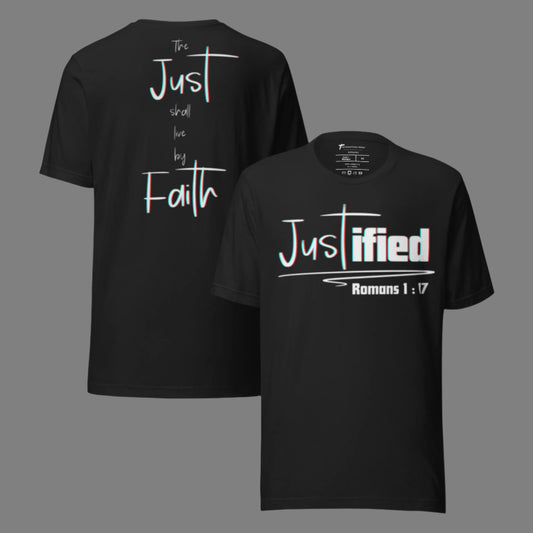 Truth Matters Romans 1:17 T-Shirt front word ‘Justified’ back with ‘Just shall live by Faith’ on soft cotton in vintage black