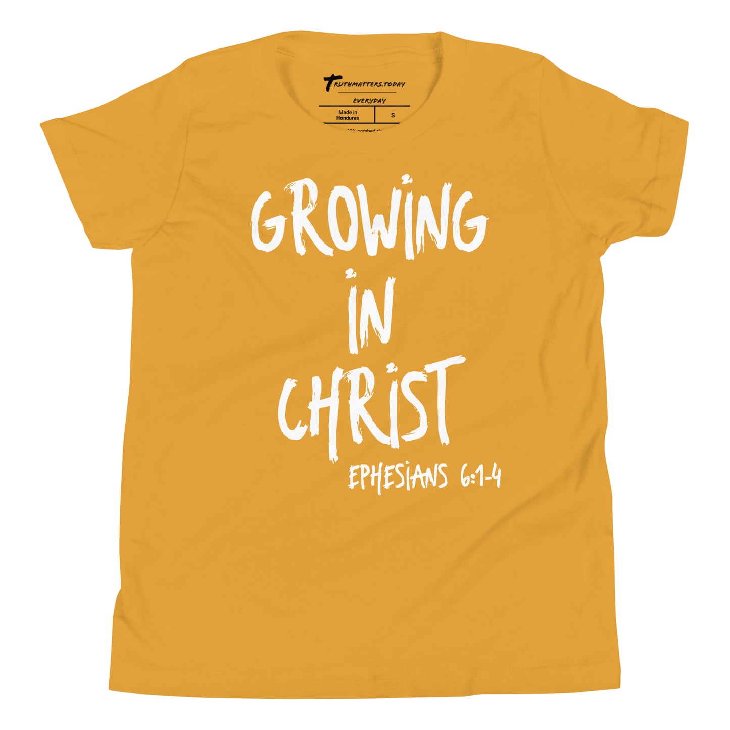 Truth Matters’ kids Ephesians 6:1-4 Youth T-Shirt front with ‘Growing in Christ’ and scripture on soft cotton in mustard.