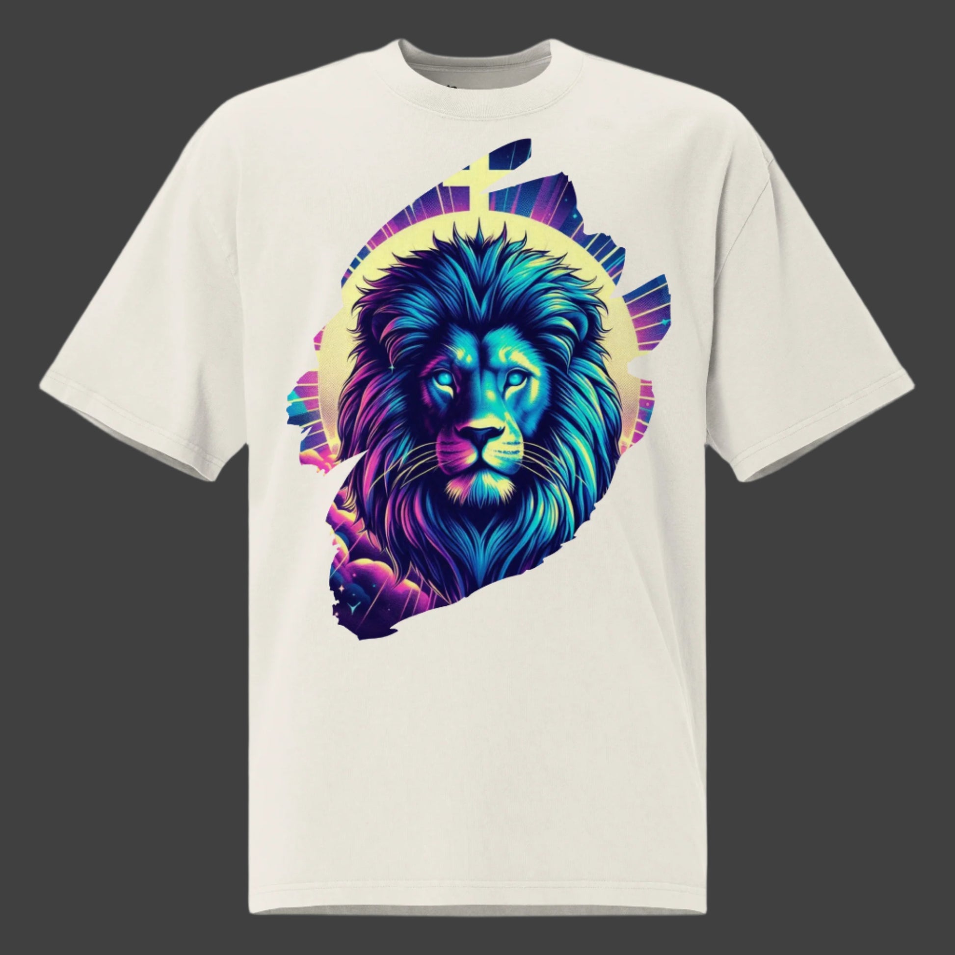 Front view of Truth Matters’ Lion Daily Bible Scripture Oversized T-Shirt featuring a bold lion image on faded cotton.