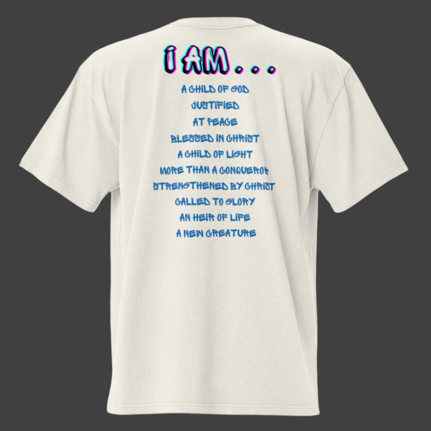 Back of Truth Matters’ Lion Oversized T-Shirt - daily Bible scripture: ‘I am a child of God, more than a conqueror, and more.