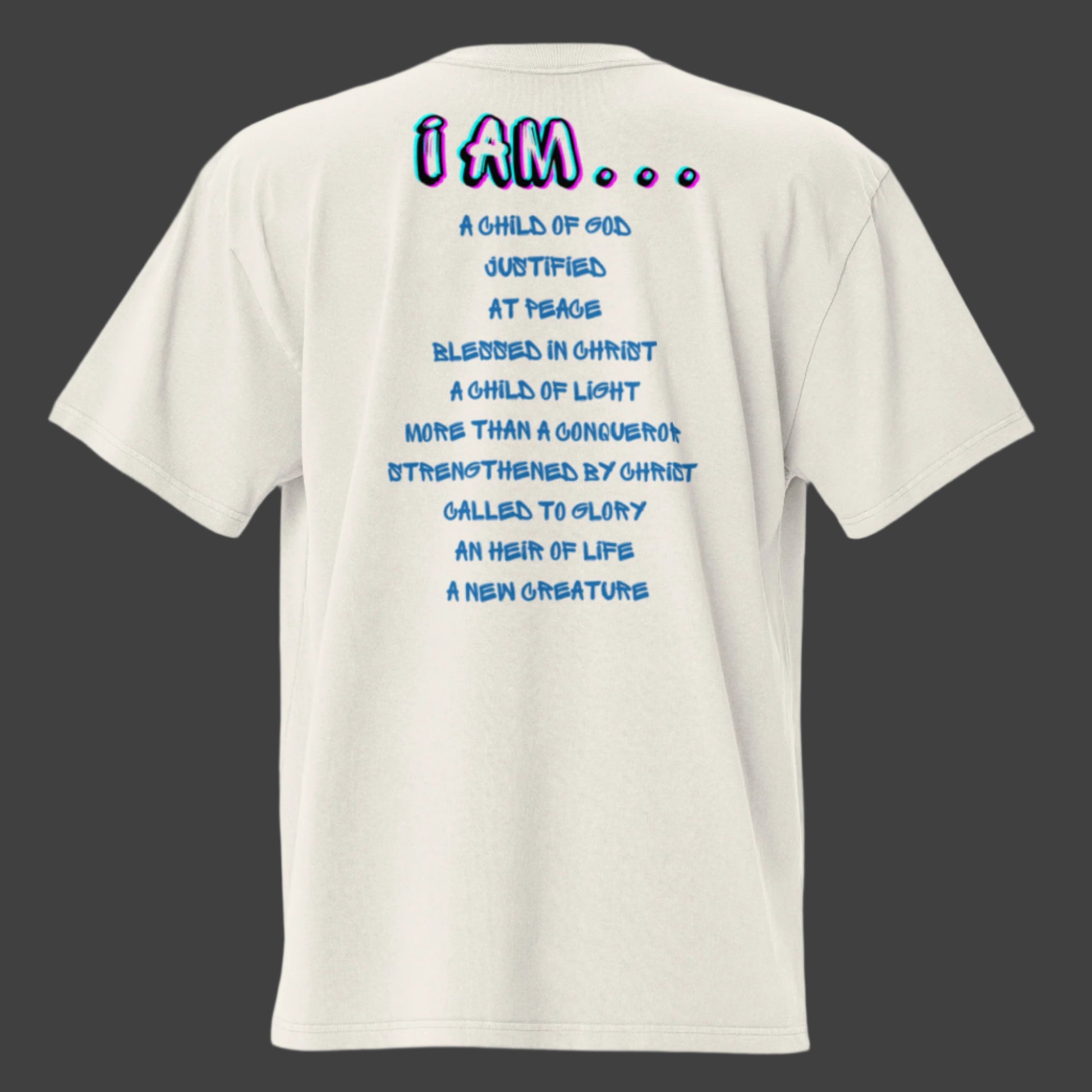 Back of Truth Matters’ Lion Oversized T-Shirt - daily Bible scripture: ‘I am a child of God, more than a conqueror, and more.