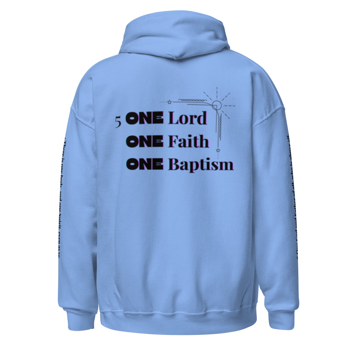 Truth Matters’ One Ephesians 4:3-6 Hoodie back with bold ‘ONE’ verse 5 KJV on soft cotton in carolina blue.
