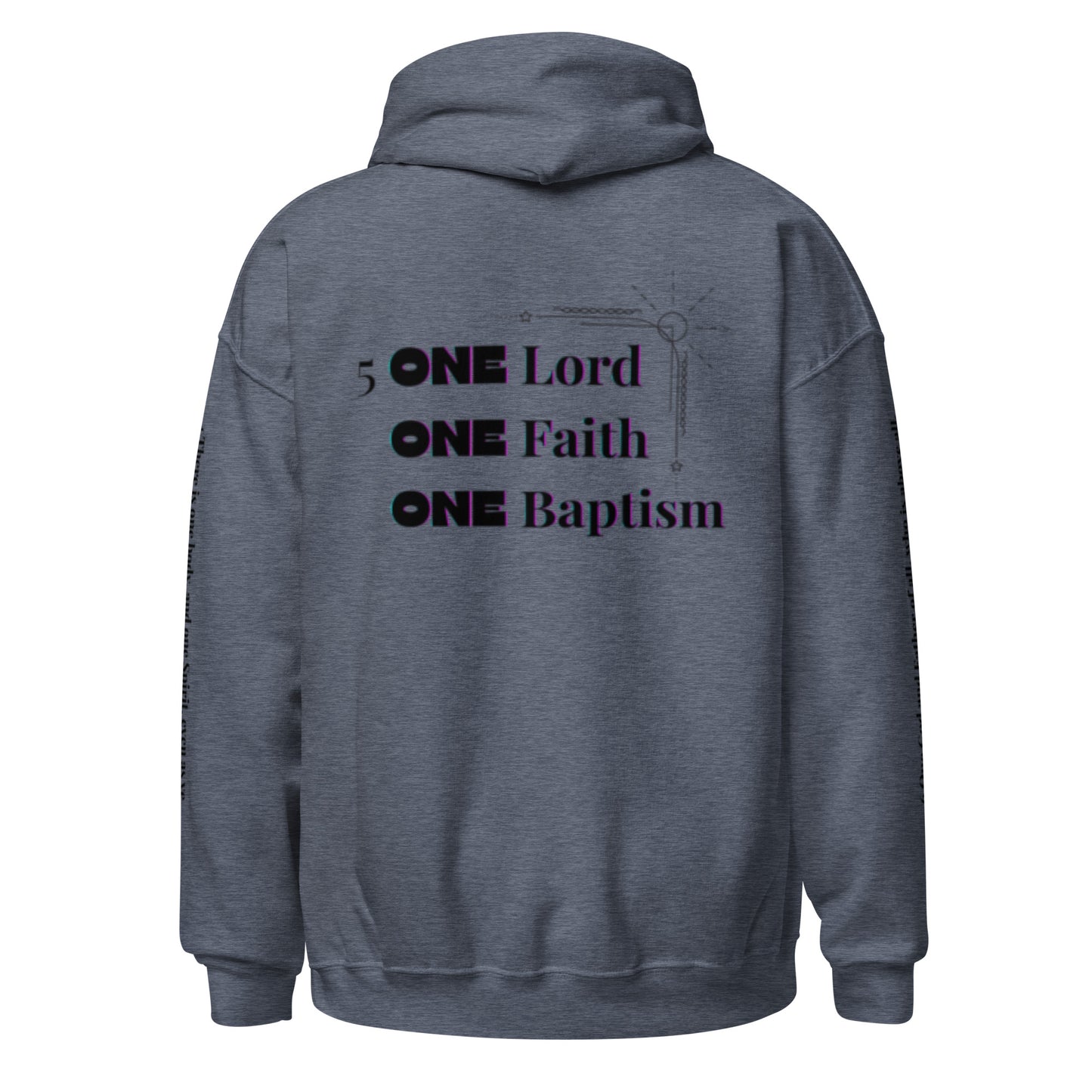 Truth Matters’ One Ephesians 4:3-6 Hoodie back with bold ‘ONE’ verse 5 KJV on soft cotton in dark grey.