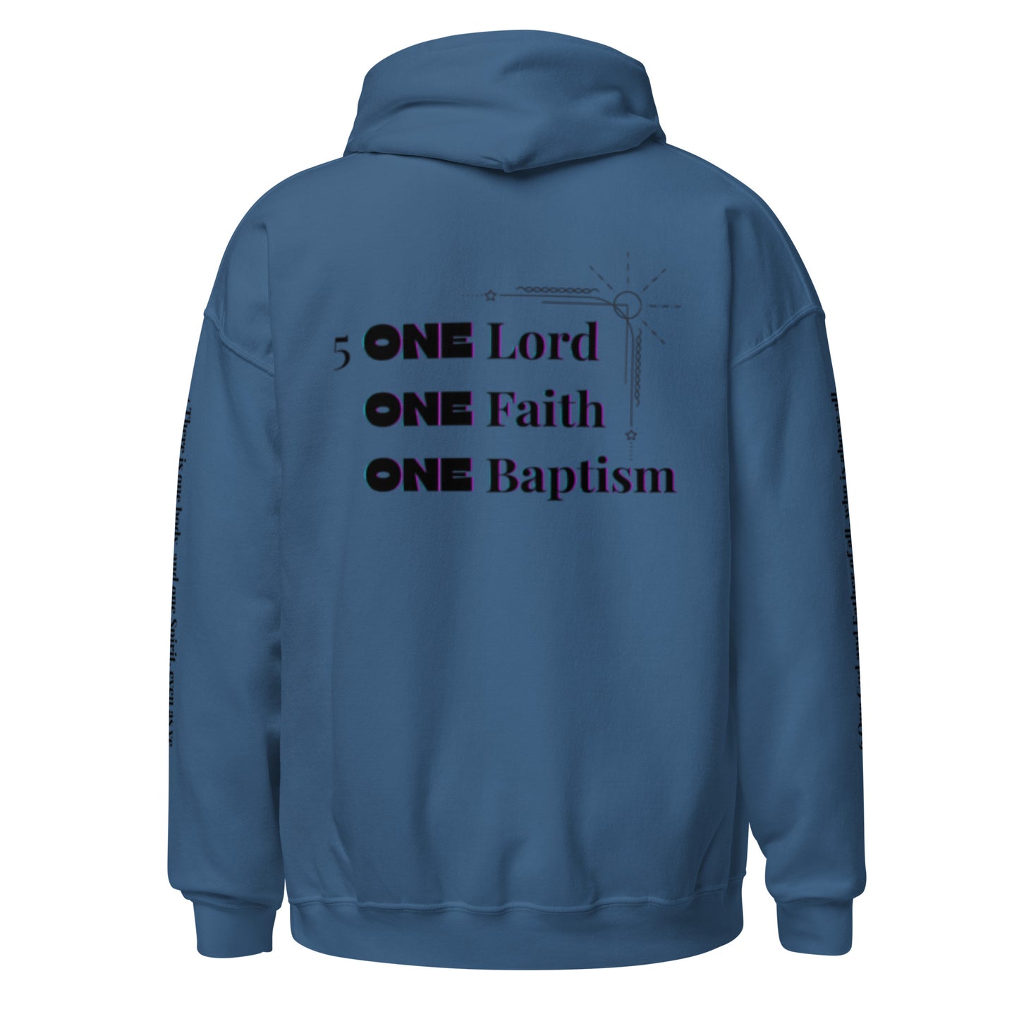 Truth Matters’ One Ephesians 4:3-6 Hoodie back with bold ‘ONE’ verse 5 KJV on soft cotton in indigo blue.