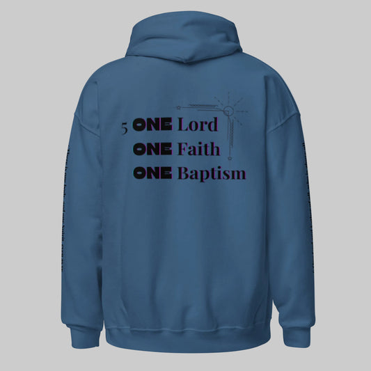 Truth Matters’ One Ephesians 4:3-6 Hoodie back with bold ‘ONE’ verse 5 KJV on soft cotton in indigo blue.