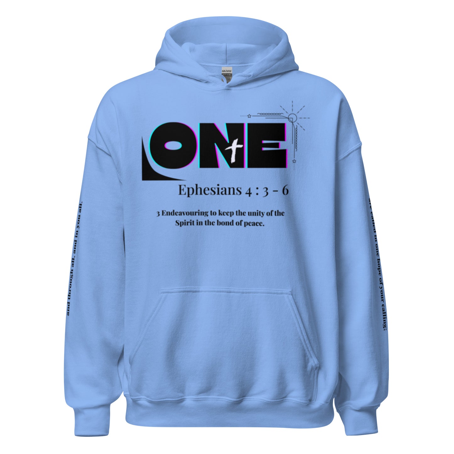 Truth Matters’ One Ephesians 4:3-6 Hoodie front with bold ‘ONE’ and verse 3 KJV on cozy cotton in Carolina blue.