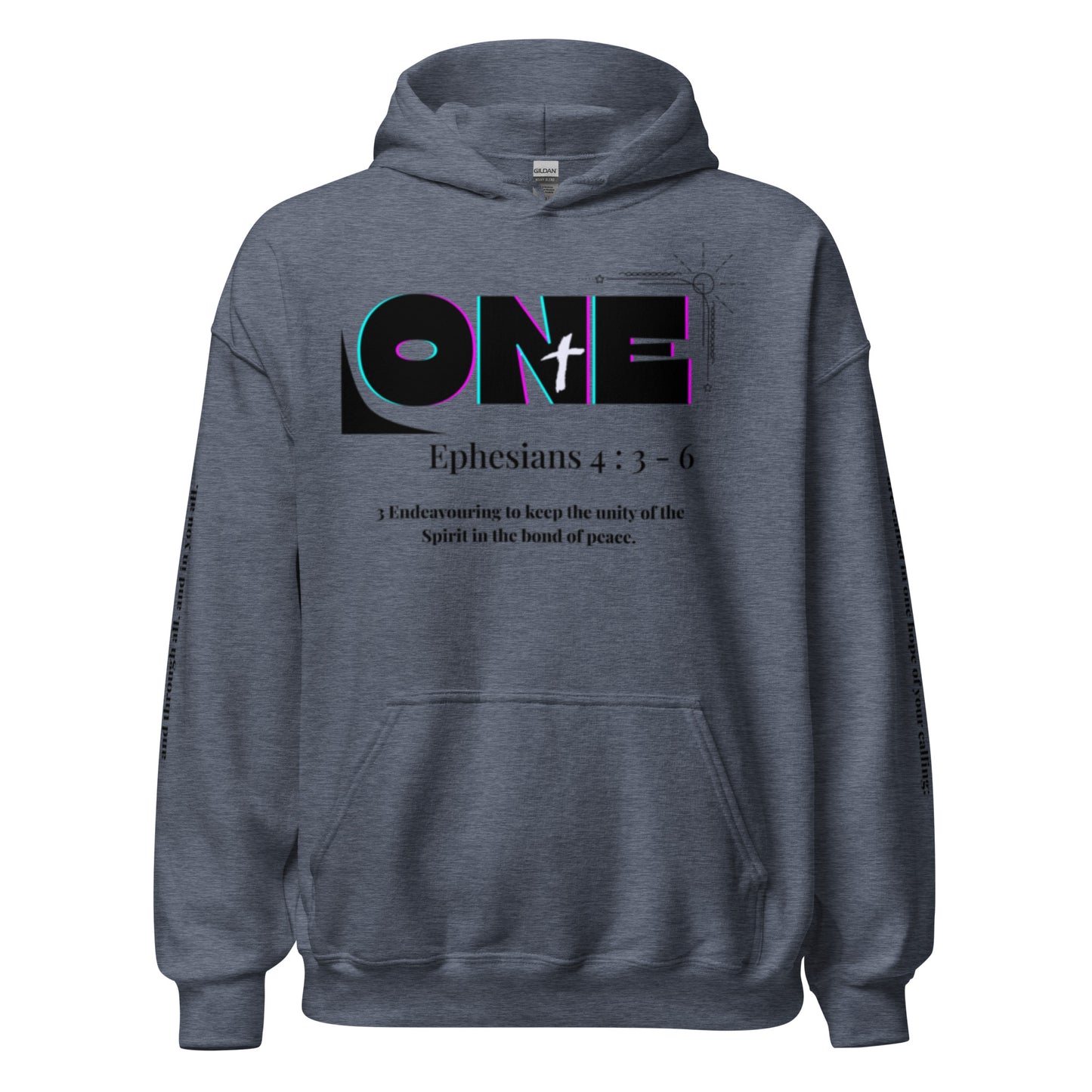 Truth Matters’ One Ephesians 4:3-6 Hoodie front with bold ‘ONE’ and verse 3 KJV on cozy cotton in heather grey.