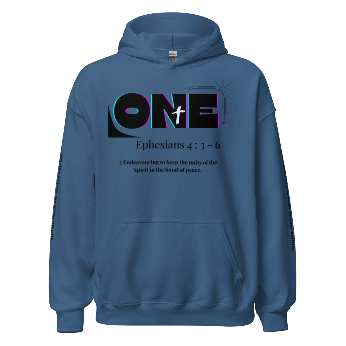 Truth Matters’ One Ephesians 4:3-6 Hoodie front with bold ‘ONE’ and verse 3 KJV on cozy cotton in indigo blue.