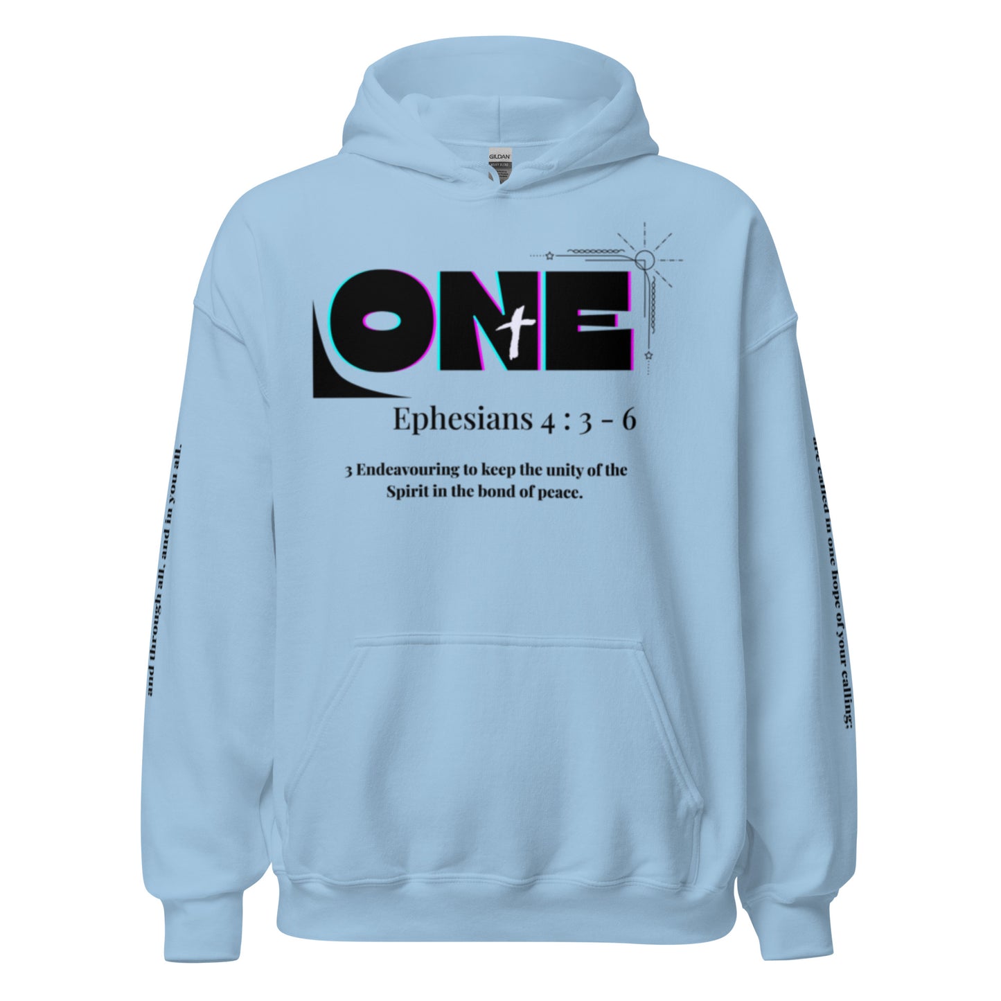 Truth Matters’ One Ephesians 4:3-6 Hoodie front with bold ‘ONE’ and verse 3 KJV on cozy cotton in light blue.