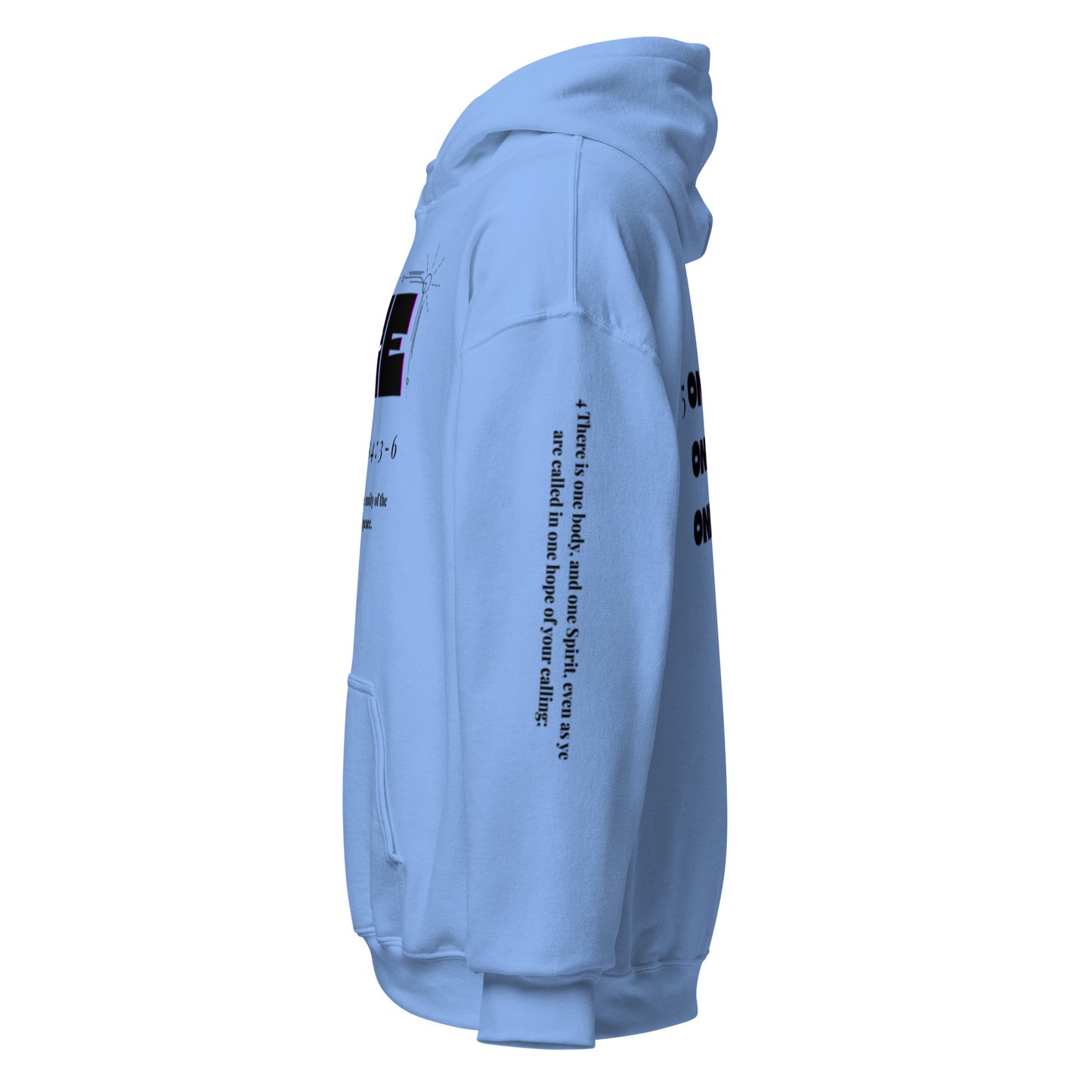 Truth Matters’ One Ephesians 4:3-6 Hoodie left sleeve with verse 4 KJV on classic cotton in carolina blue.