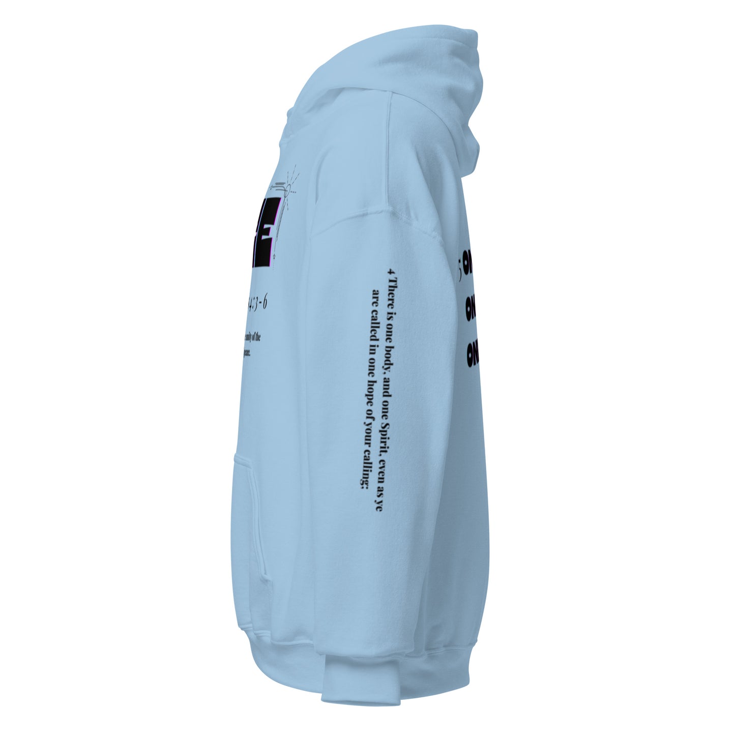 Truth Matters’ One Ephesians 4:3-6 Hoodie left sleeve with verse 4 KJV on classic cotton in light blue.