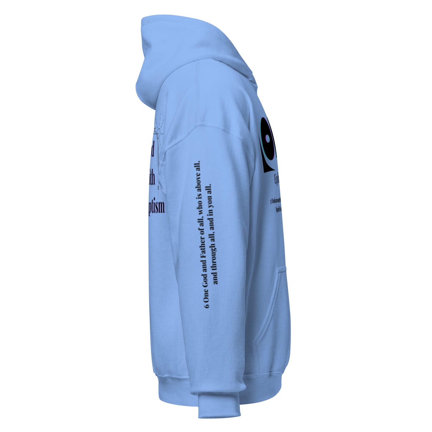 Truth Matters’ One Ephesians 4:3-6 Hoodie right sleeve with verse 6 KJV on warm cotton in carolina blue.