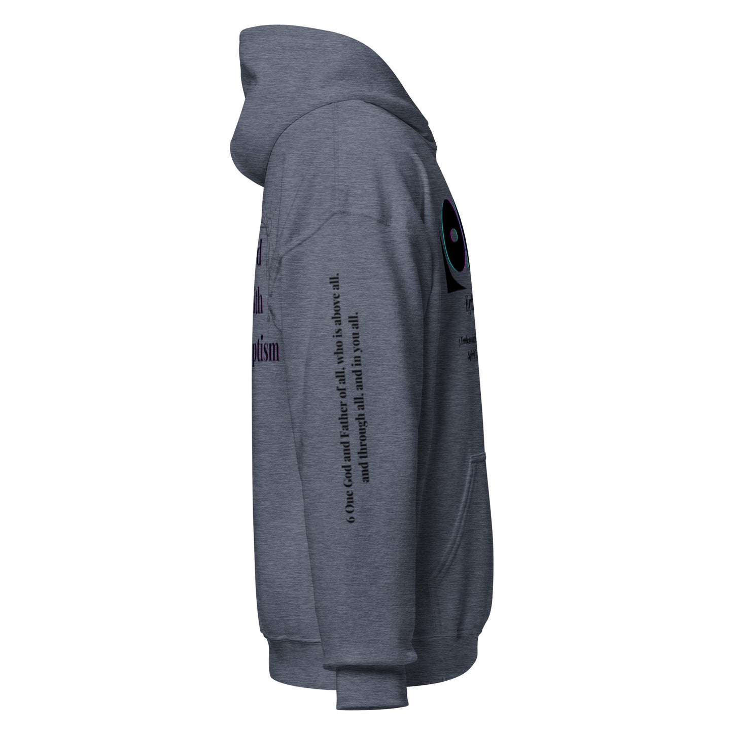 Truth Matters’ One Ephesians 4:3-6 Hoodie right sleeve with verse 6 KJV on warm cotton in dark grey.