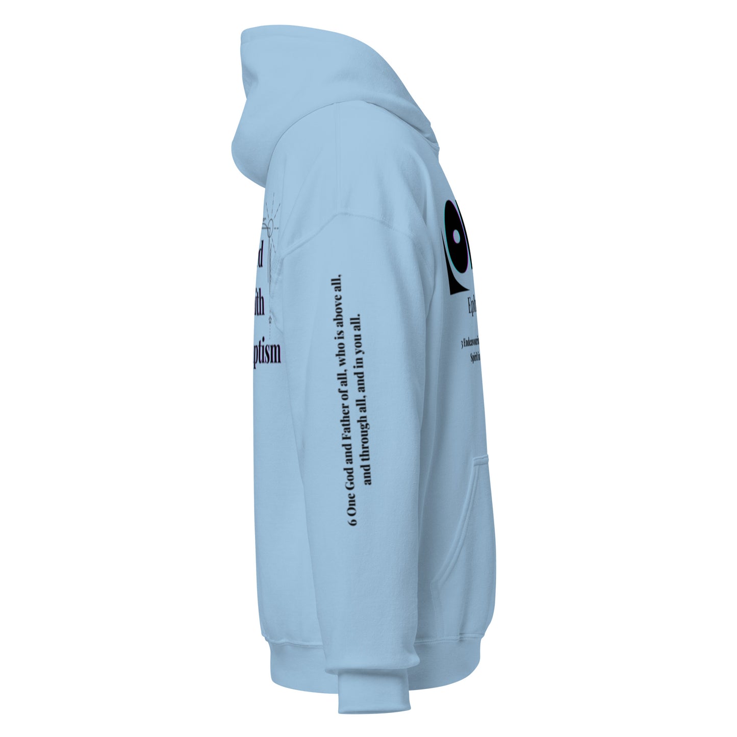 Truth Matters’ One Ephesians 4:3-6 Hoodie right sleeve with verse 6 KJV on warm cotton in light blue.