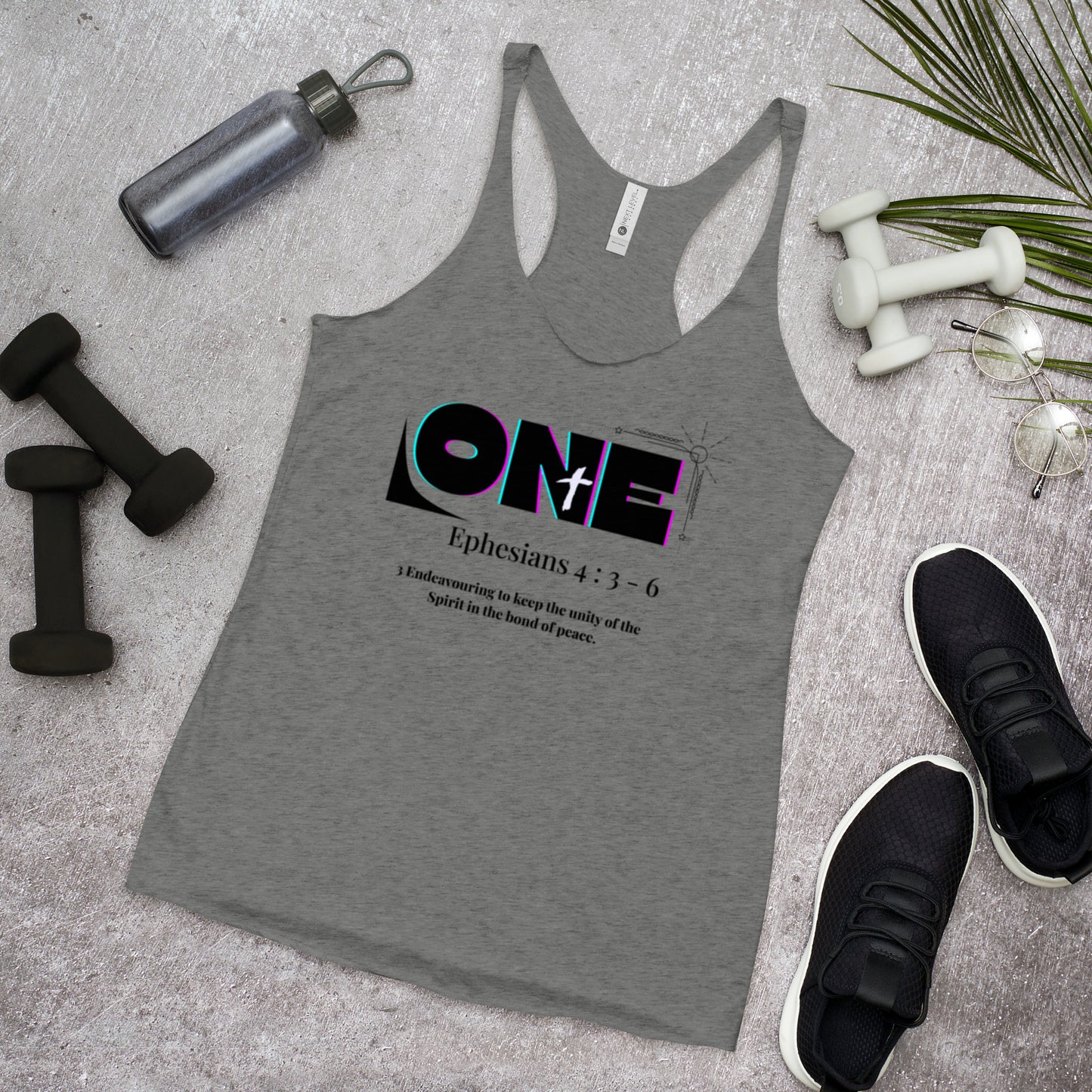 Truth Matters’ One Ephesians 4:3-6 Racerback Tank front with bold ‘ONE’ and verse 3 KJV on soft fabric in heather grey.