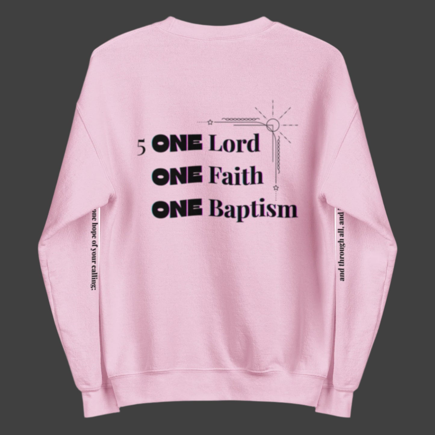 Truth Matters’ One Ephesians 4:3-6 Sweatshirt back with bold ‘ONE’ verse 5 KJV on soft cotton in pink.