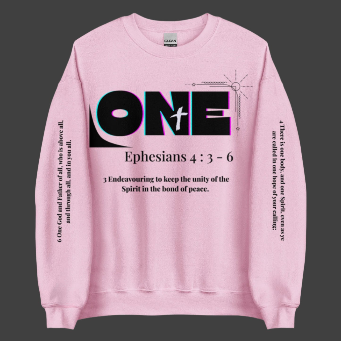 Truth Matters Ephesians 4:3-6 Sweatshirt front bold ONE, verse 3, sleeve verses 4 and 6 in KJV on cozy cotton in pink.