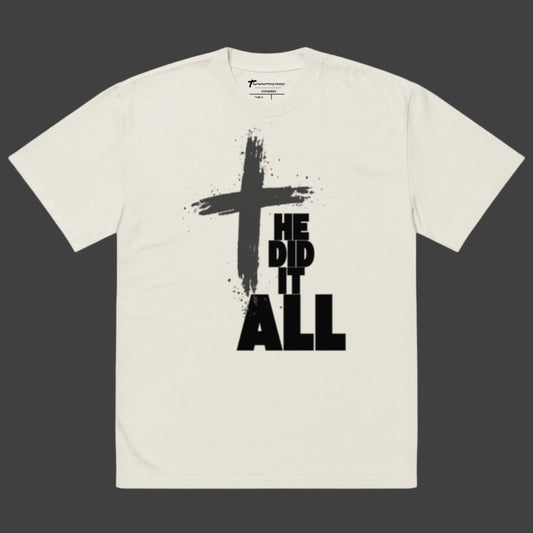 Romans 5:8 Scripture Oversized Faded Christian T-shirt He Did It All Cross bone front