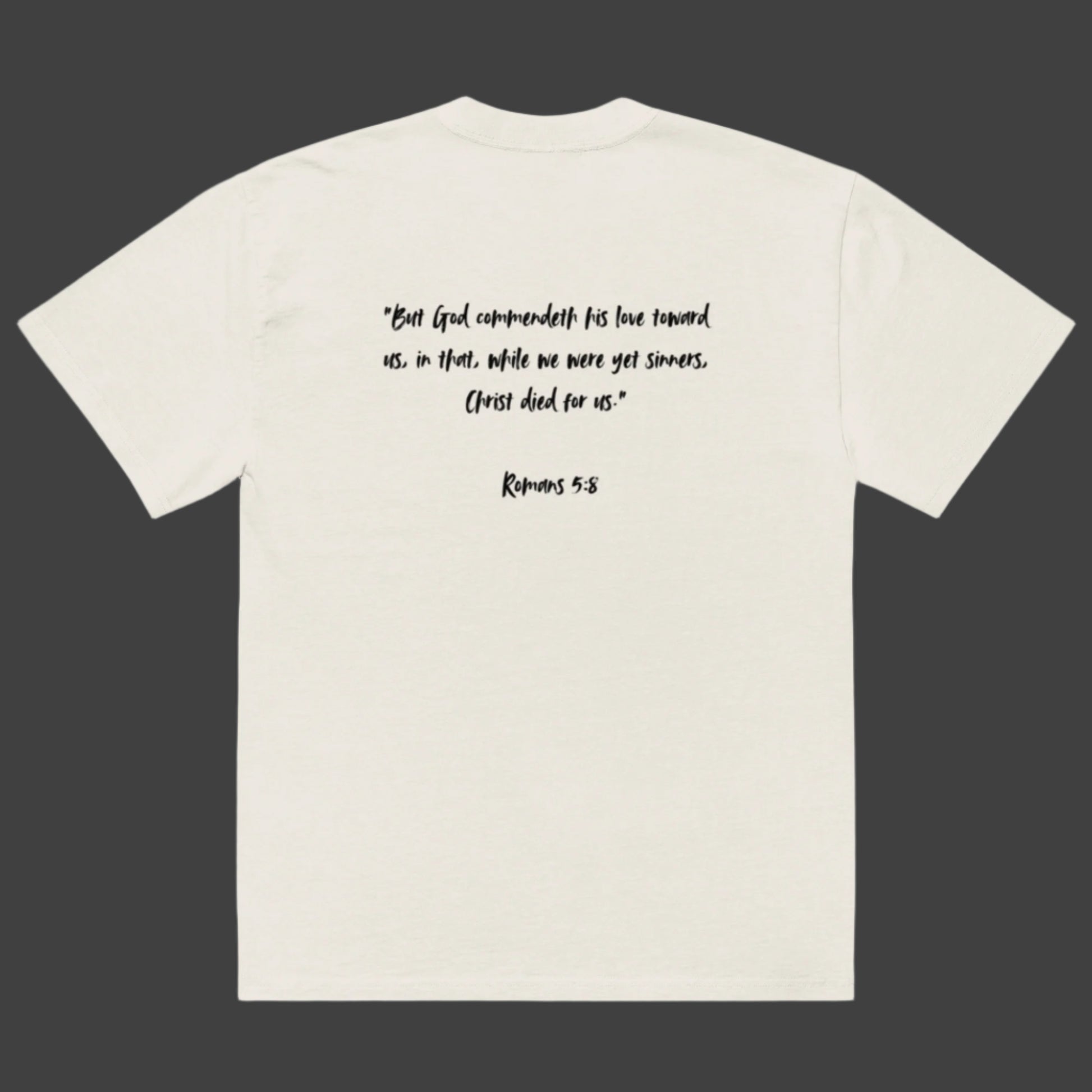 Romans 5:8 Scripture Oversized Faded Christian T-shirt He Did It All Cross bone back