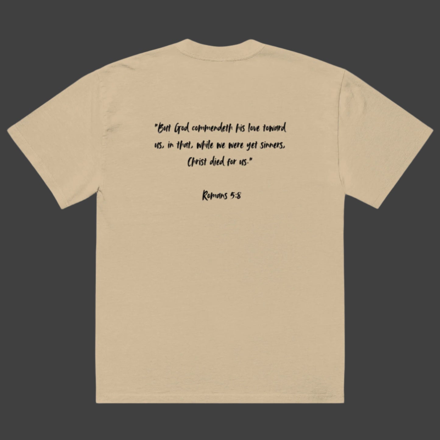 Romans 5:8 Scripture Oversized Faded Christian T-shirt He Did It All Cross khaki back