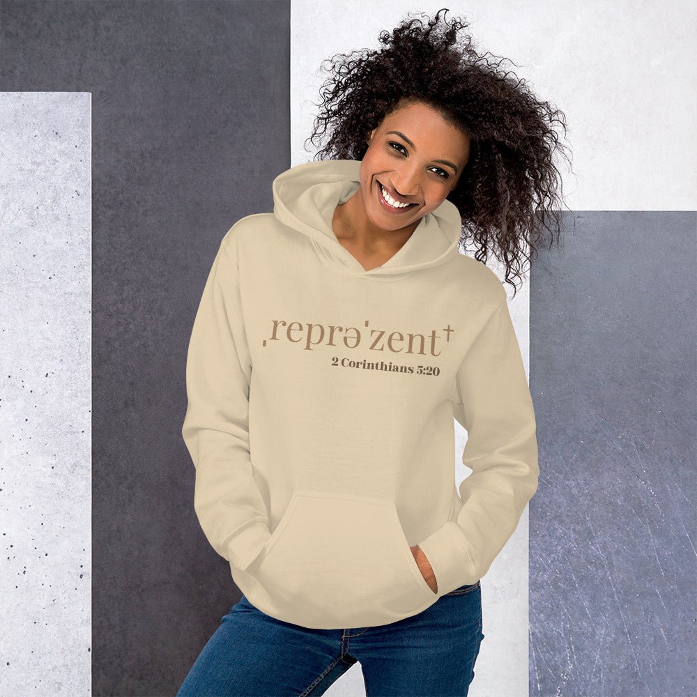 Truth Matters’ 2 Corinthians 5:20 Hoodie with ‘Represent’ cross design in beige and sand.