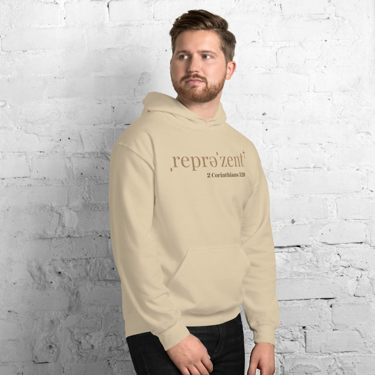Truth Matters’ 2 Corinthians 5:20 Hoodie with ‘Represent’ cross design in beige.
