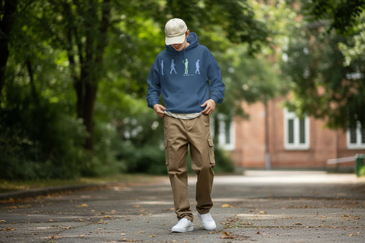 Truth Matters Romans 12:2 Hoodie front with “Be Not Conformed” silhouette design, small cross, and clean typography in indigo blue