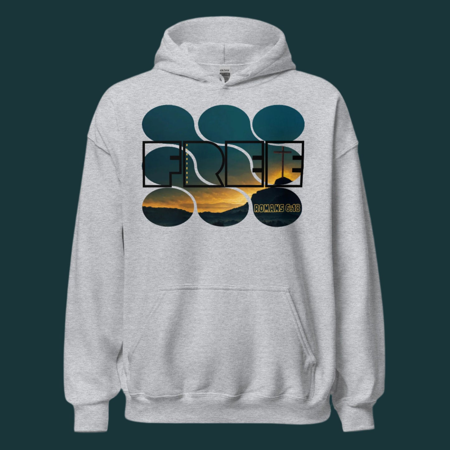 Truth Matters’ Romans 6:18 Hoodie front with ‘FREE’, ‘Righteous’, and sunset cross on cozy cotton-poly in sport grey.