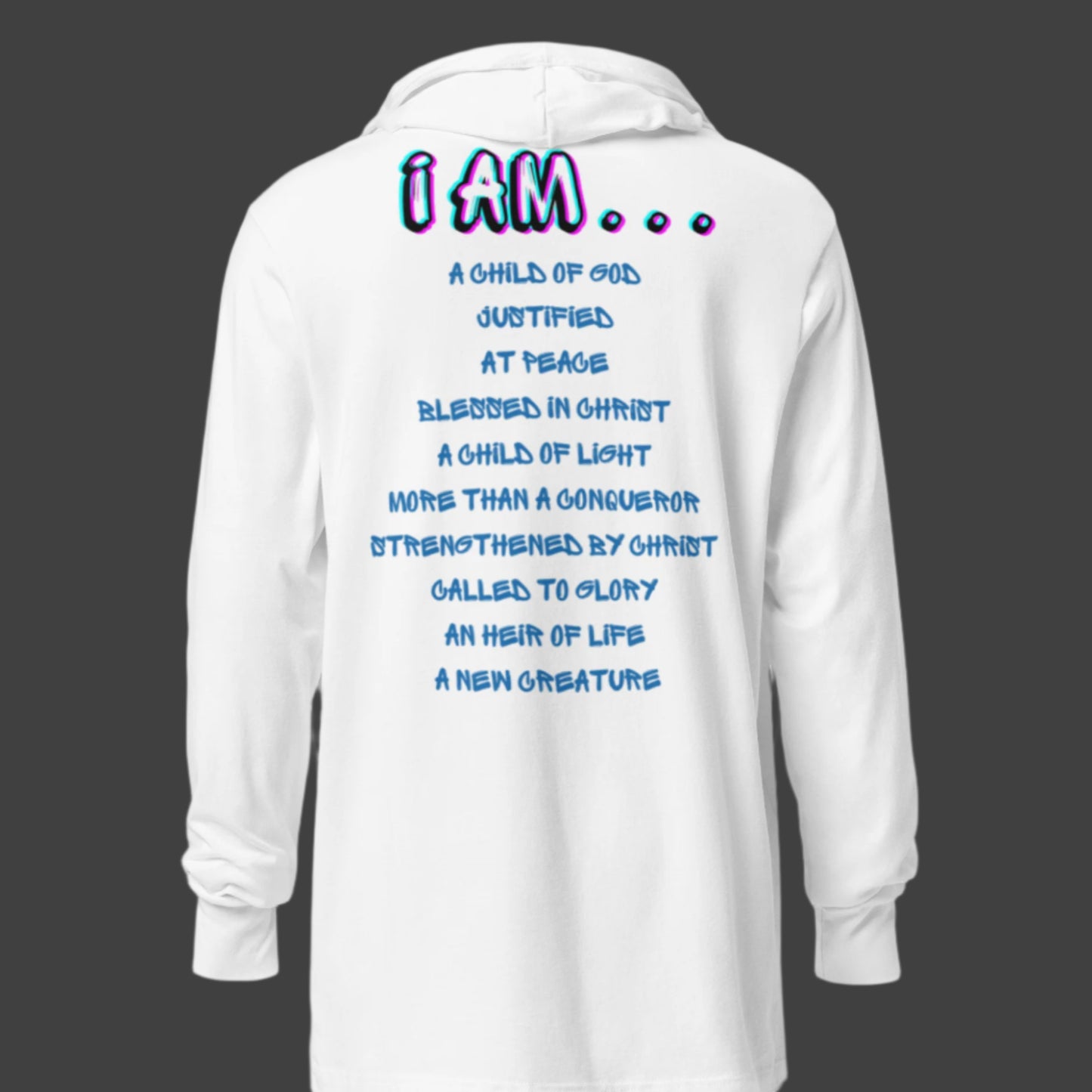 Truth Matters’ Romans 8 Hooded Long Sleeve T-Shirt front with colorful lion, back with faith affirmations on soft cotton.