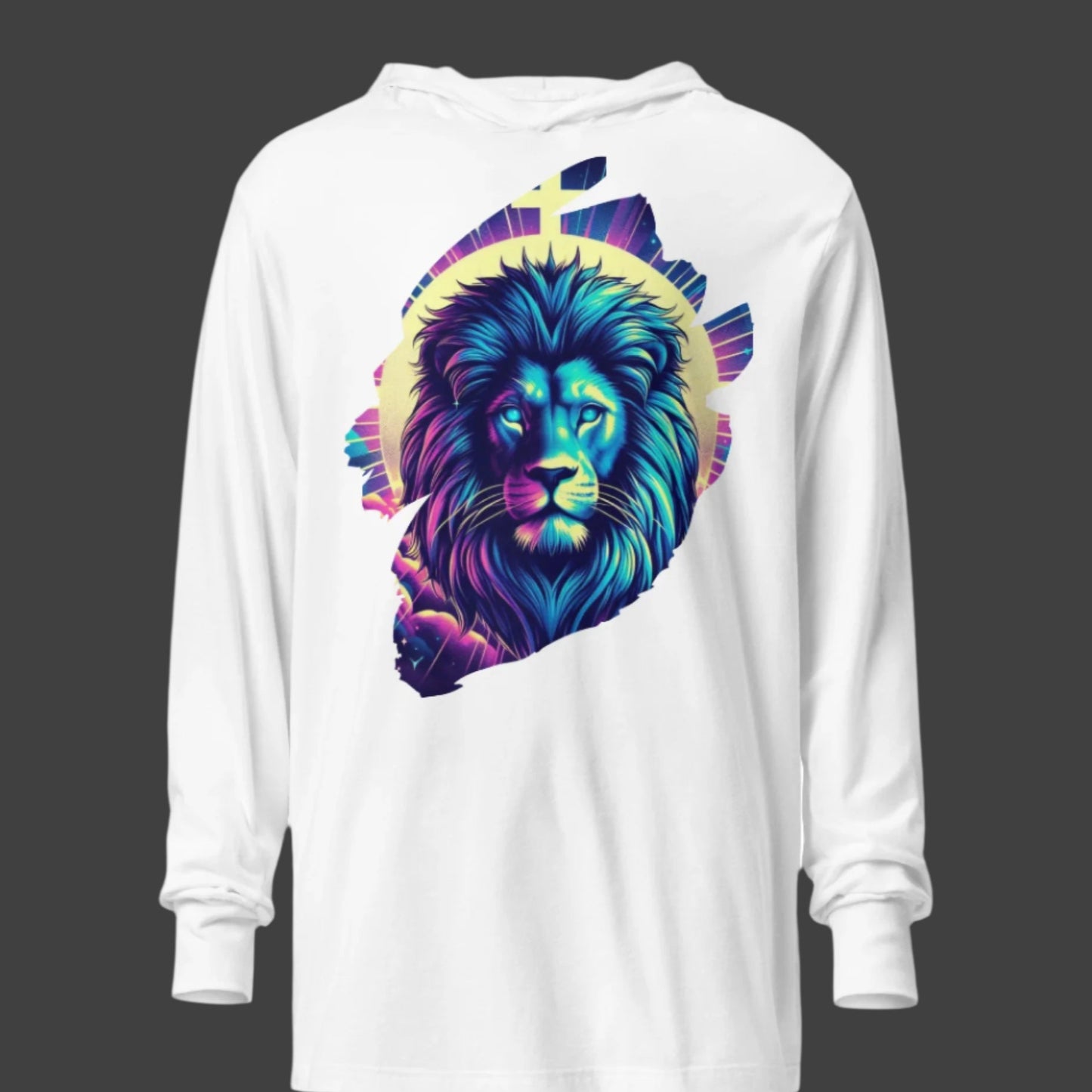 Truth Matters’ Romans 8 Hooded Long Sleeve T-Shirt front with colorful lion, back with faith affirmations on soft cotton.