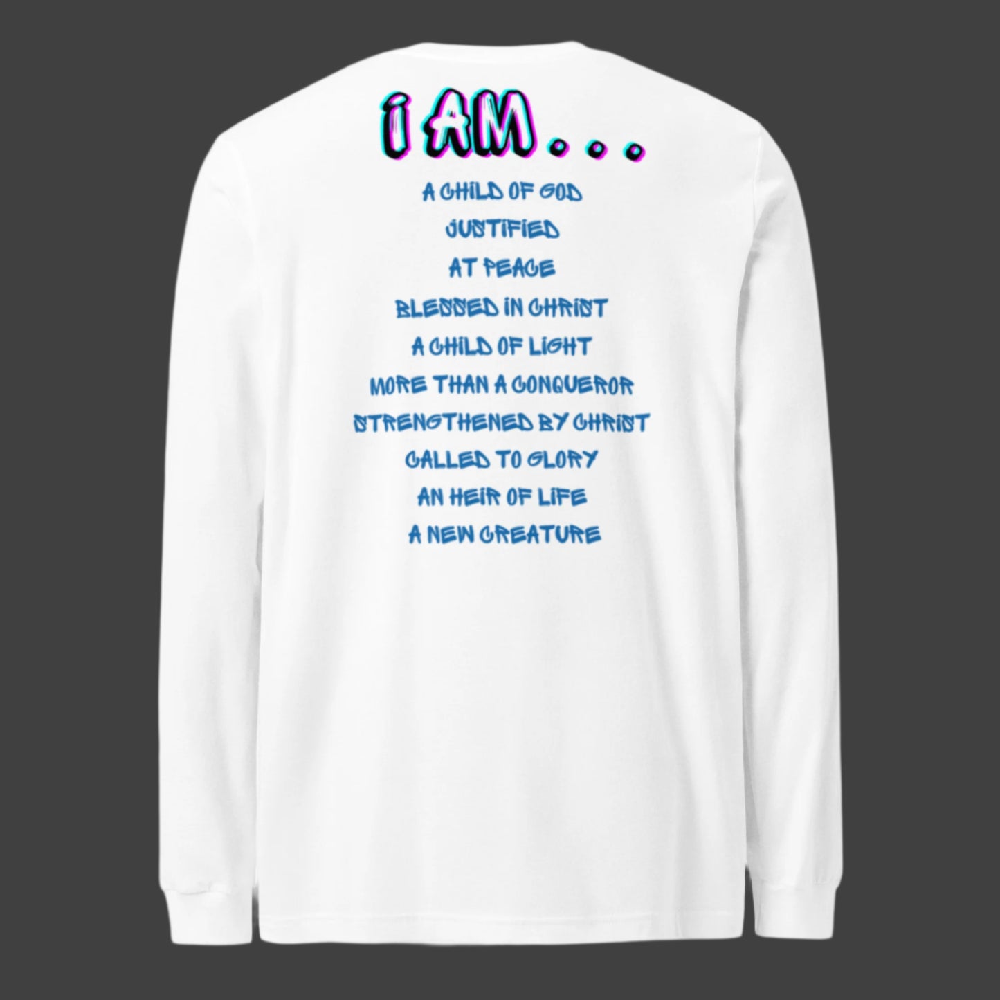 Truth Matters’ Romans 8 Long Sleeve T-Shirt front with colorful lion, back with faith affirmations on soft cotton.