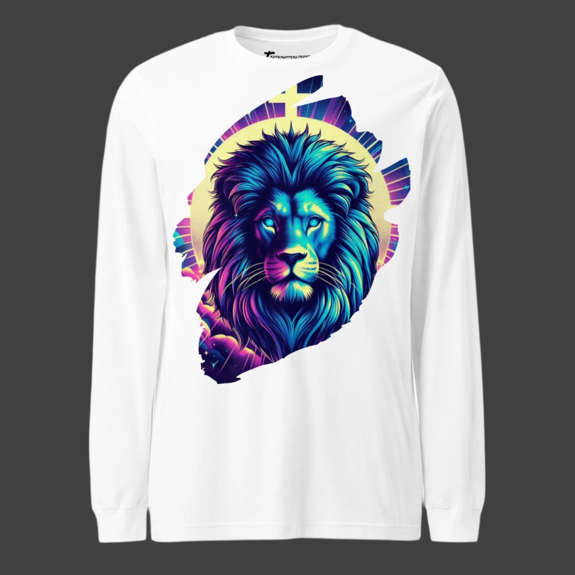 Truth Matters’ Romans 8 Long Sleeve T-Shirt front with colorful lion, back with faith affirmations on soft cotton.