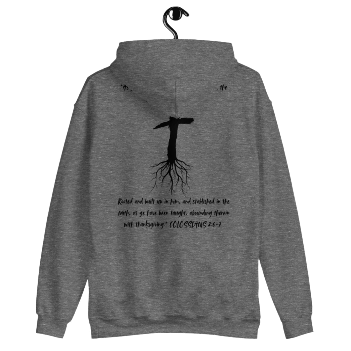 Back of Truth Matters’ Rooted Hoodie with Colossians 2:6-7 KJV: ‘rooted and built up in him’ in cozy fit in heather grey.