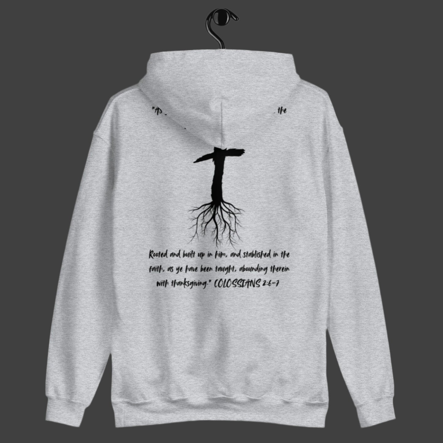 Back of Truth Matters’ Rooted Hoodie with Colossians 2:6-7 KJV: ‘rooted and built up in him’ cozy fit in sport grey.