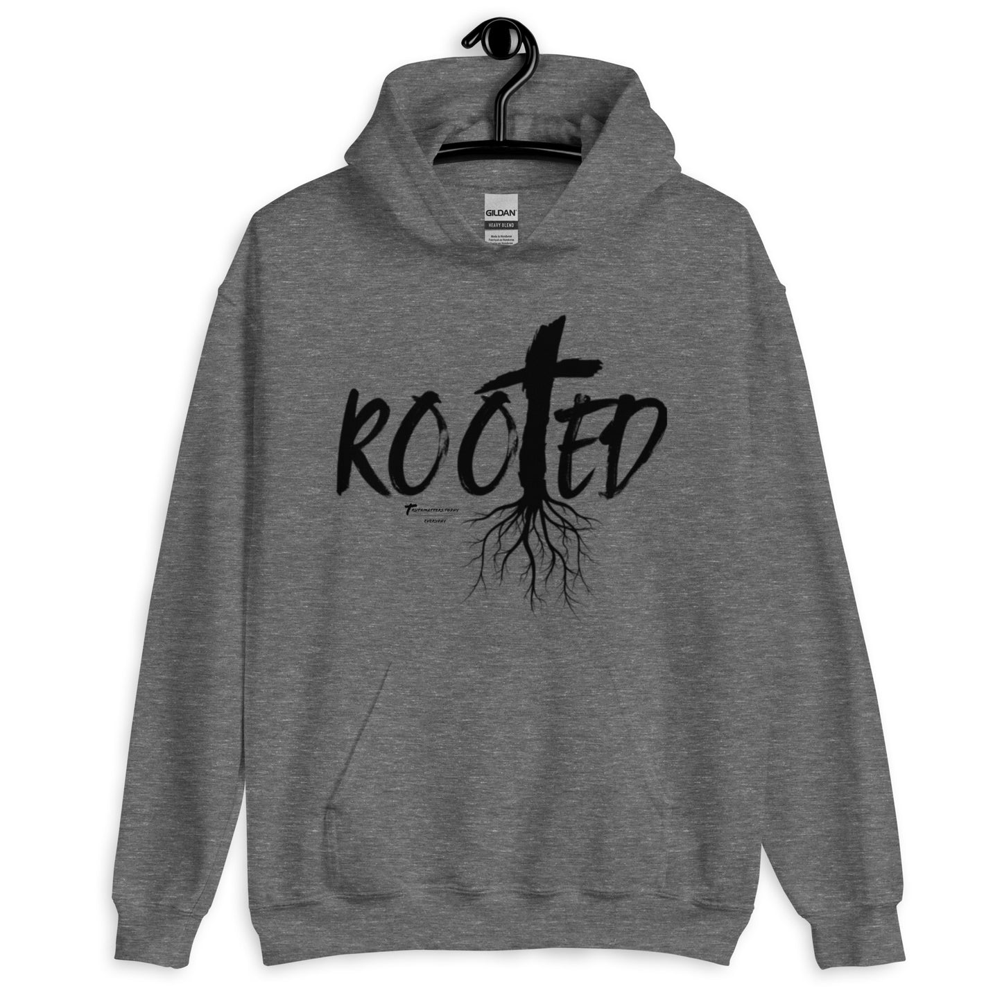 Front view of Truth Matters’ Rooted Hoodie with a cross and tree roots in ‘ROOTED’ on soft cotton-poly blend in heather grey.