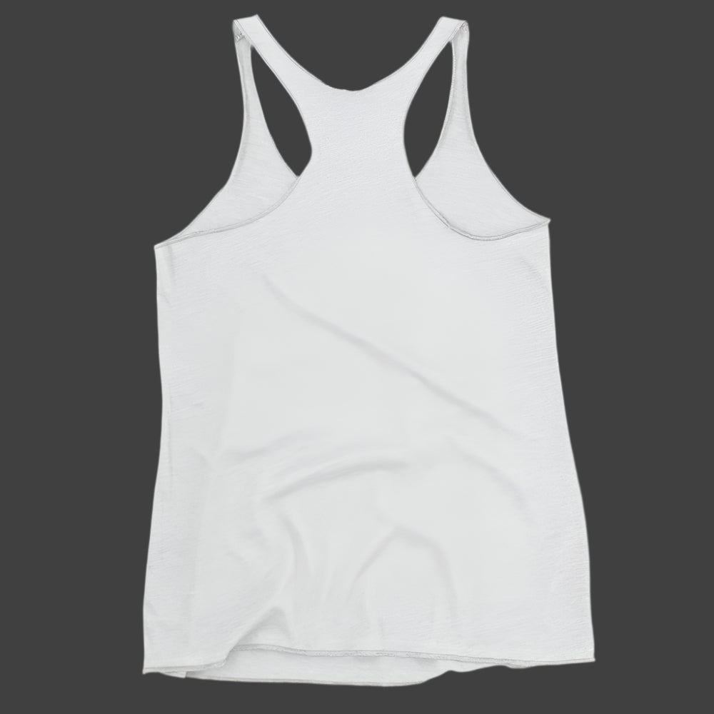 Back view of Truth Matters’ Rooted Racerback Tank Top in soft, plain poly-cotton-rayon with raw edge seams.