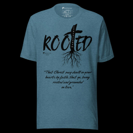 Truth Matters’ Rooted T-Shirt front with cross in ‘ROOTED’ and Ephesians 3:17 KJV on soft cotton in heather deep teal.
