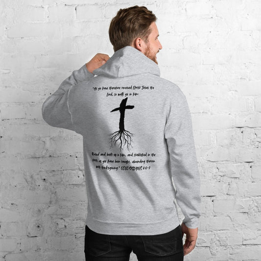 Back of Truth Matters’ Rooted Hoodie with Colossians 2:6-7 KJV: ‘rooted and built up in him’ in cozy fit in grey.